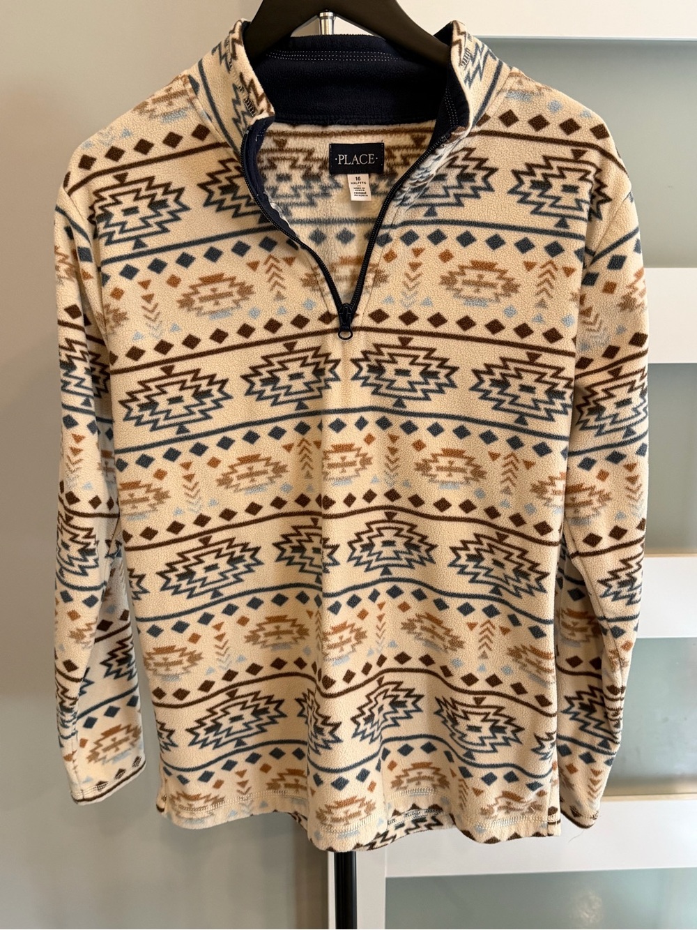 Place boys Cream Aztec Quarter-Zip Fleece Sweater with Navy and Brown Accents